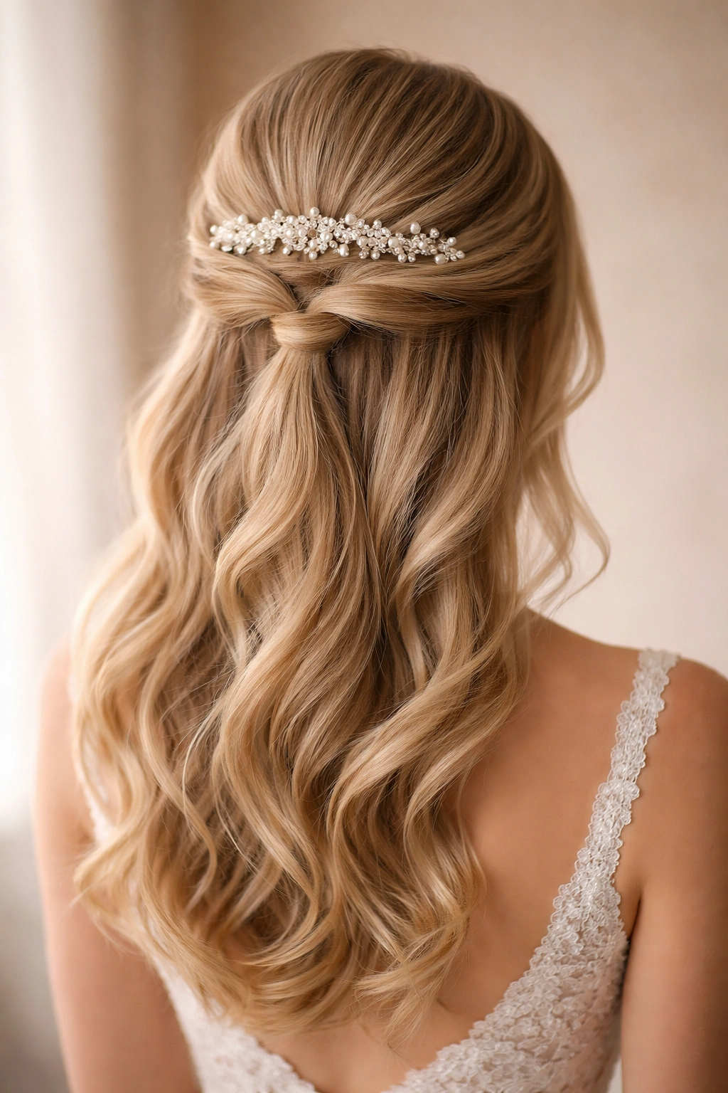Close-up of a bride's half-up twist with a pearl tiara at the crown