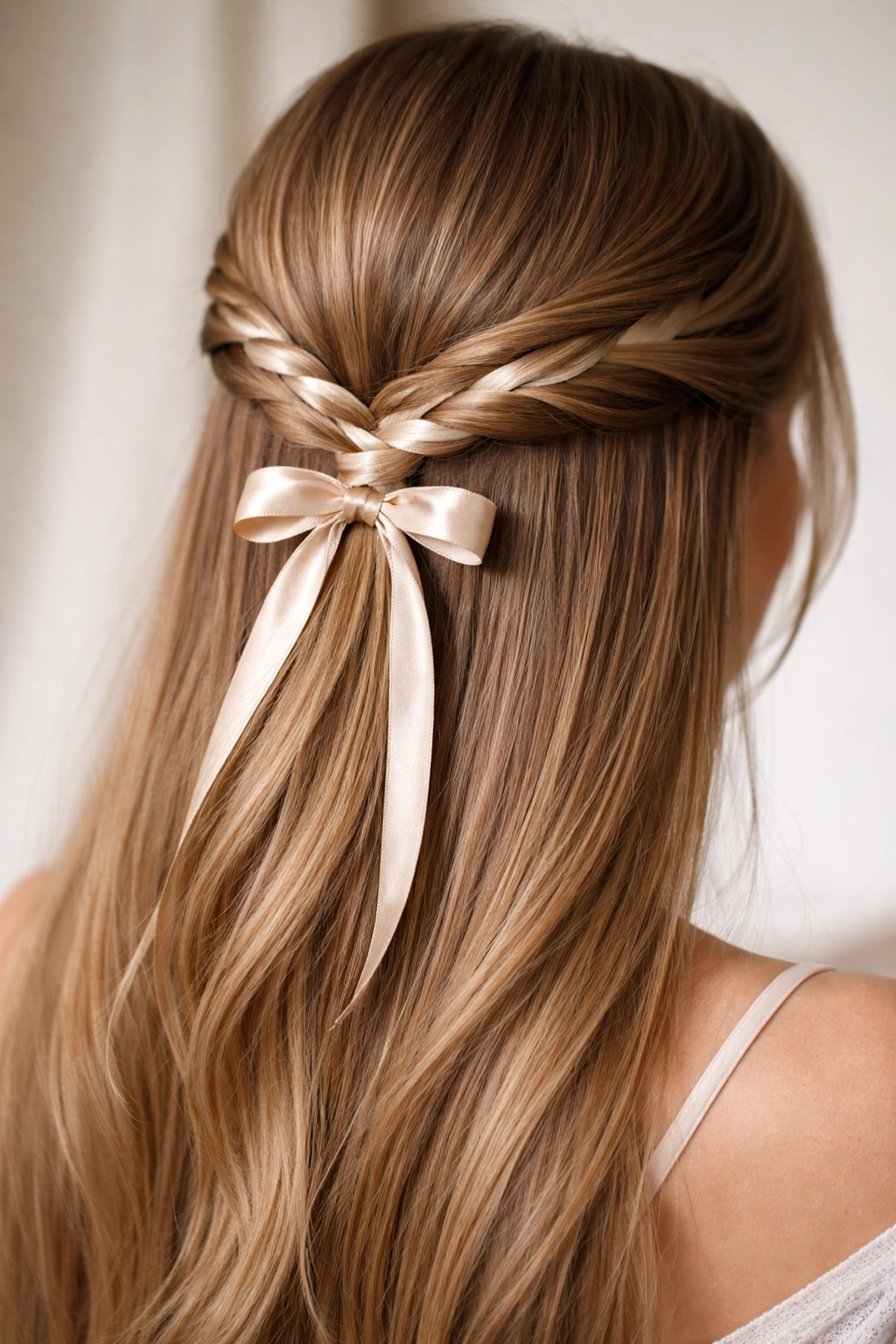 Close-up of a straight-haired half-up twist with ribbon woven through
