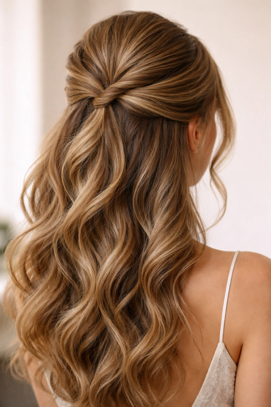 Close-up of a half-up twist hairstyle with volume at the crown
