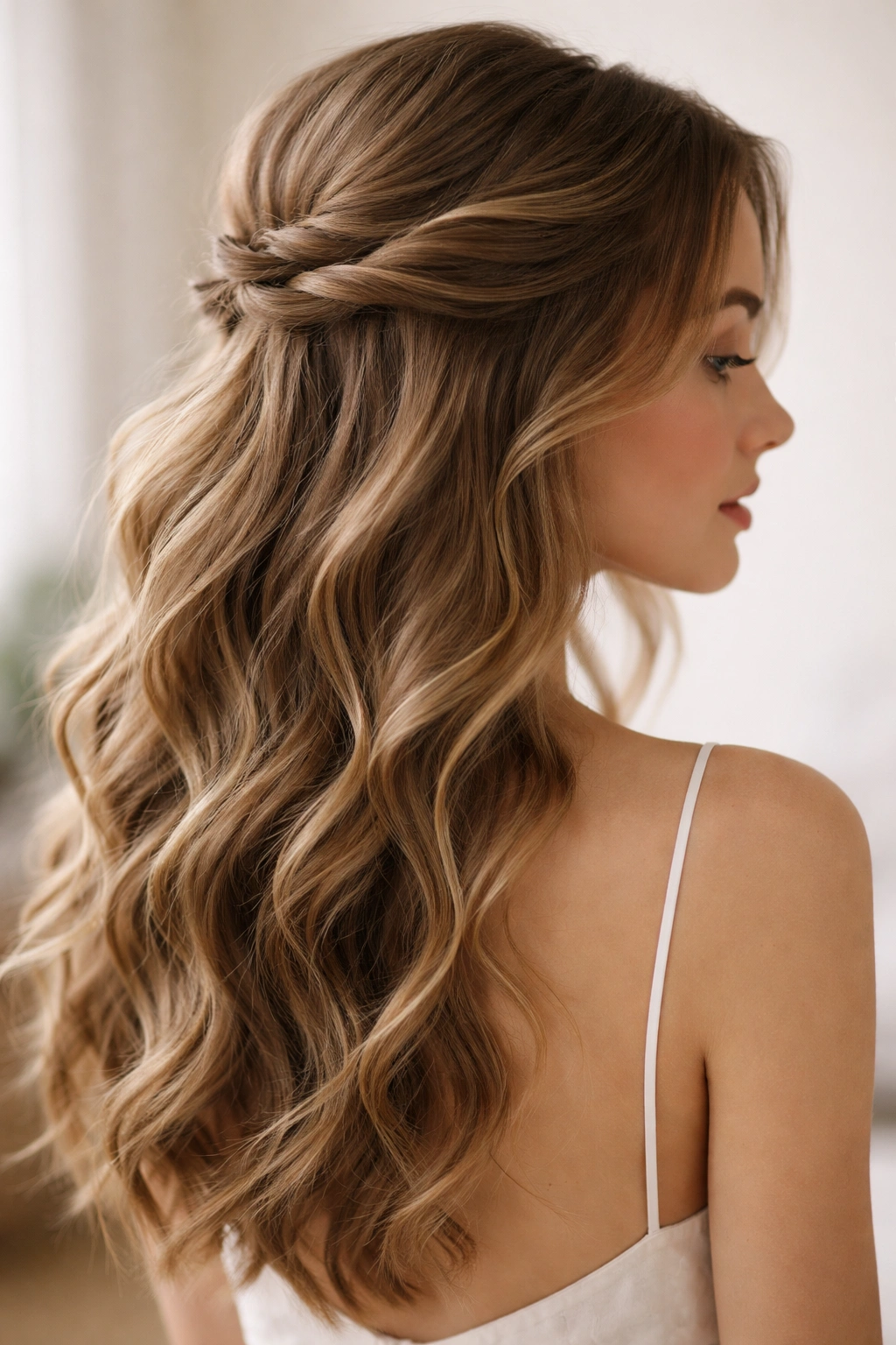 Half-up twist with loose waves framing the face