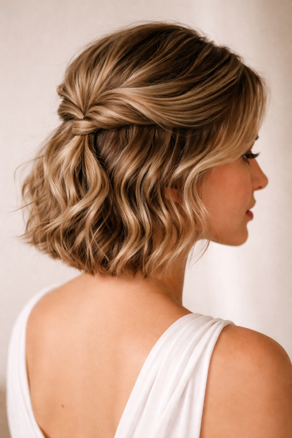 Head-and-shoulders view of a short wavy hairstyle with a half-up twist back