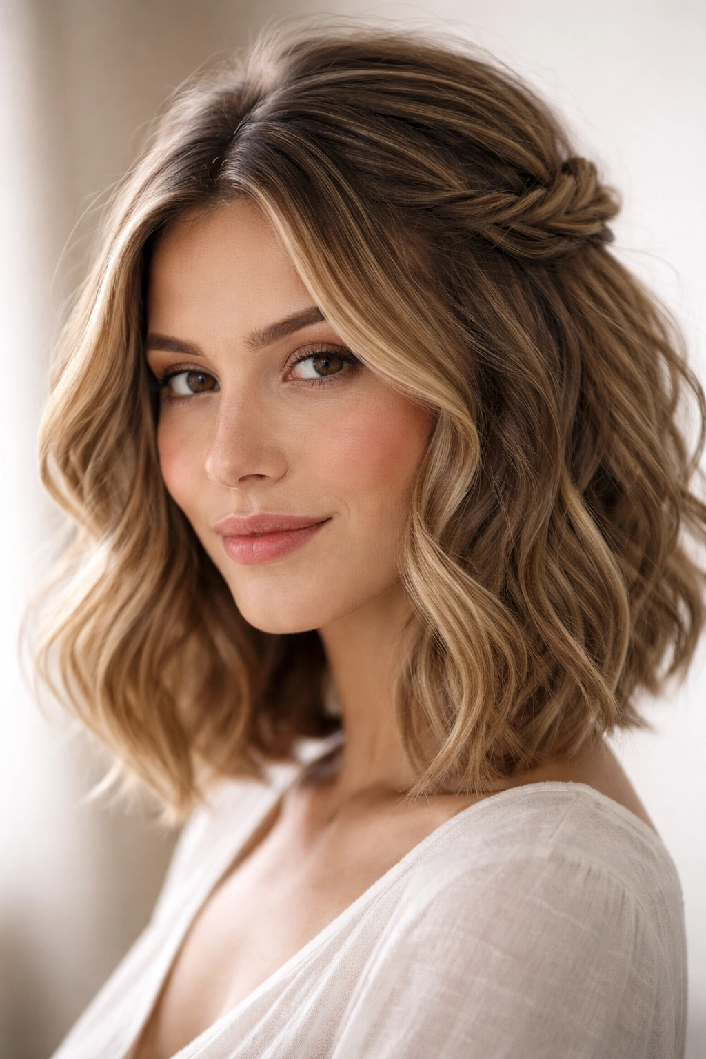 Wavy bob with two loose twists pinned at the crown, soft waves framing the face.