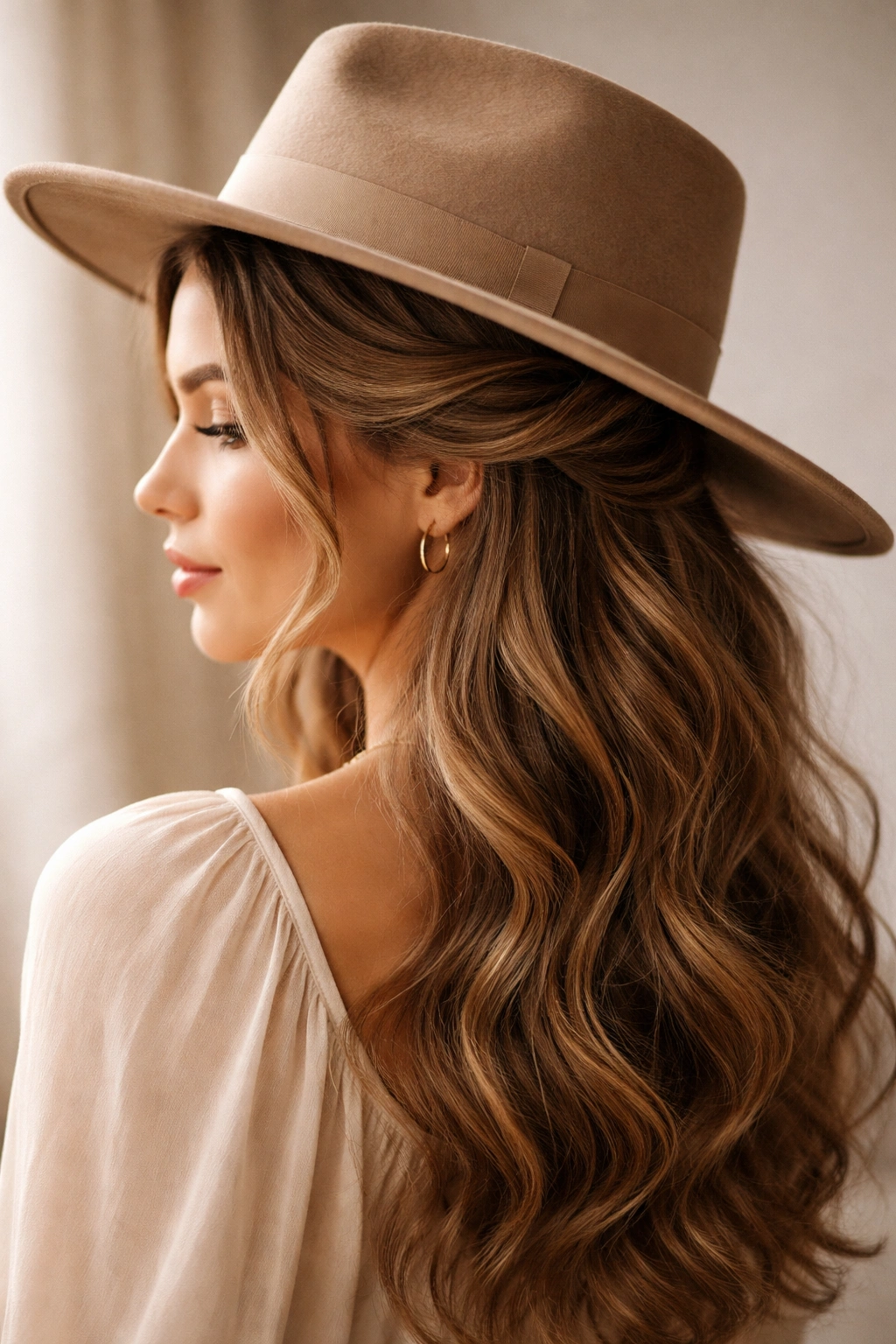 Close-up of half-up twist under a wide-brim hat with soft waves