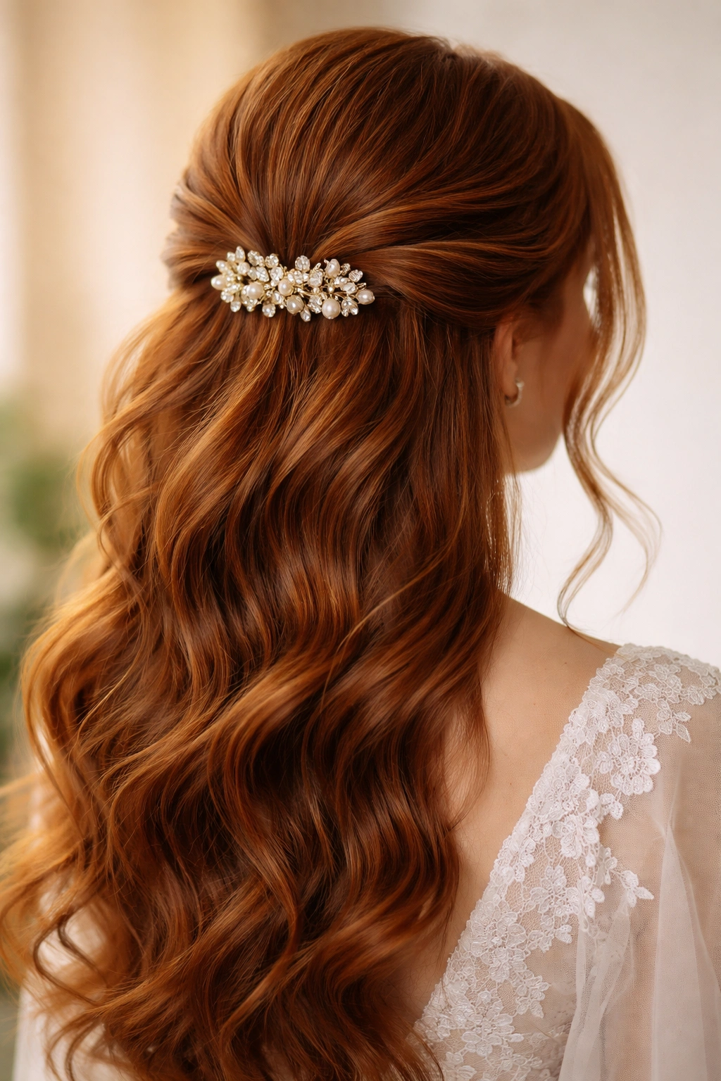 Close-up of a bridal half-up hairstyle with twisted sections and a bold statement clip on red hair