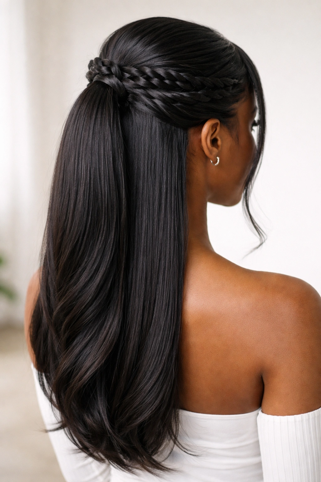 Half-up ponytail with twisted crown detail on straight hair
