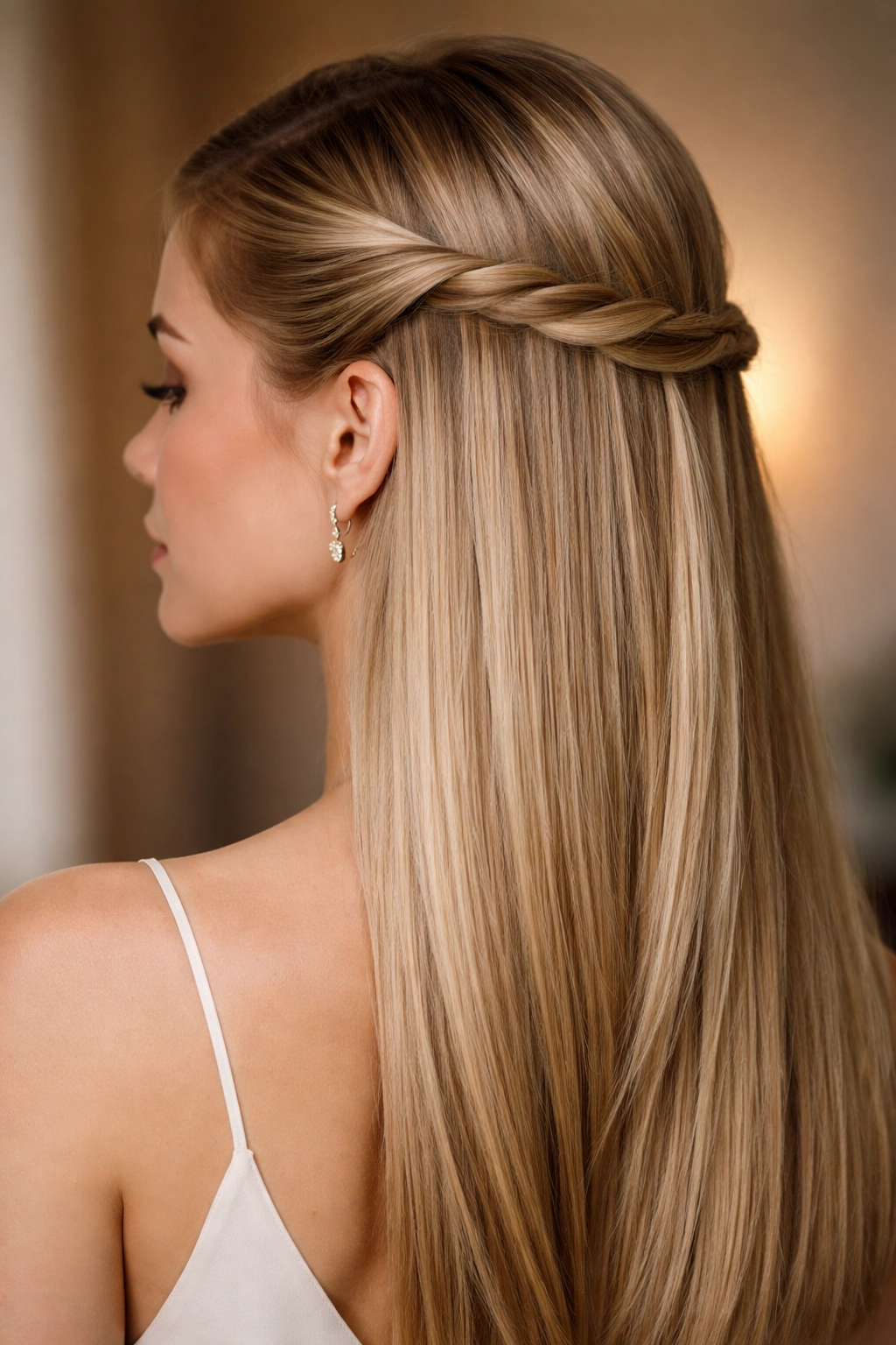 Half-Up Twisted Crown on straight hair showing a crown twist across the head with hair left down.