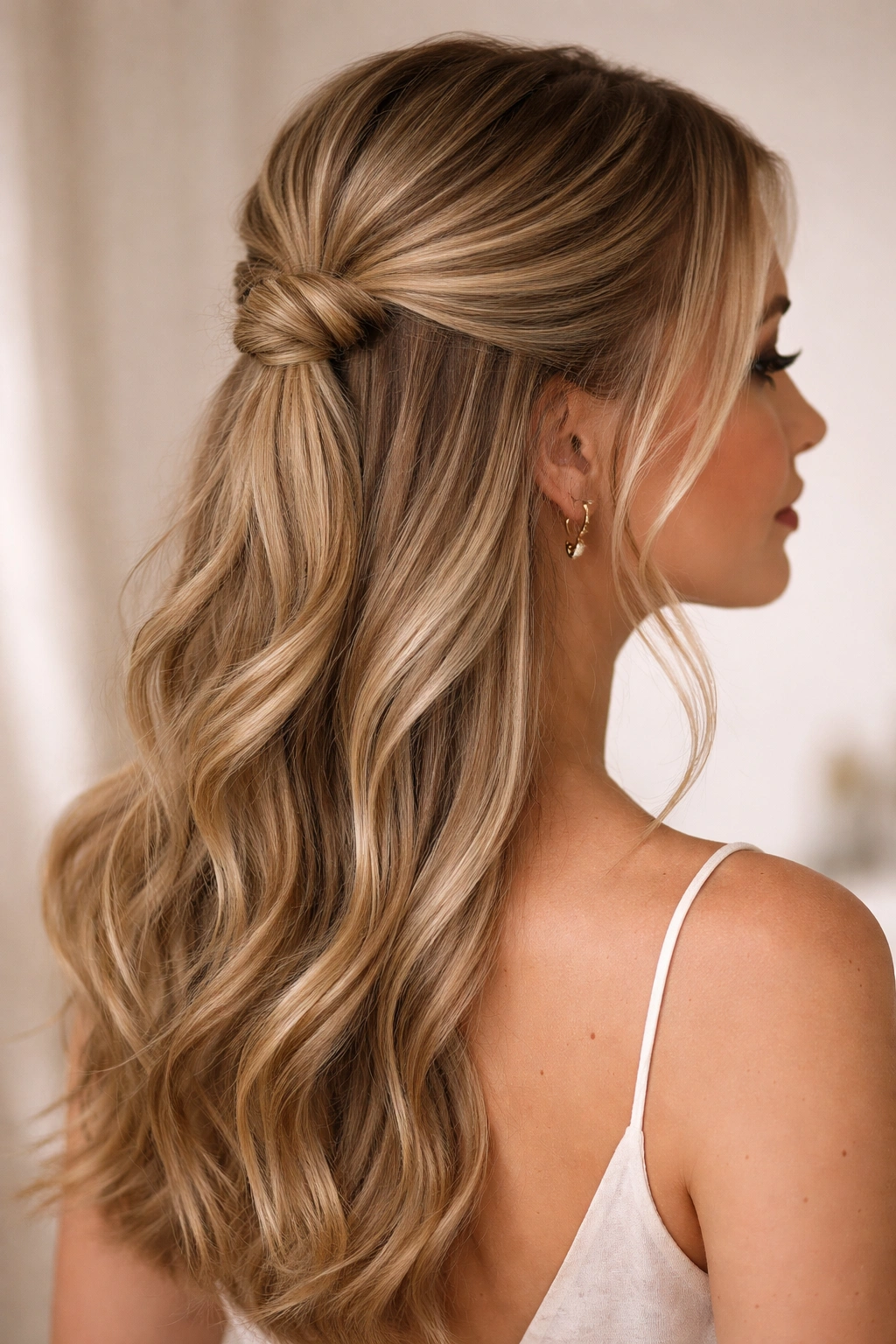 Close-up of a twisted knot half-up hairstyle with face-framing strands