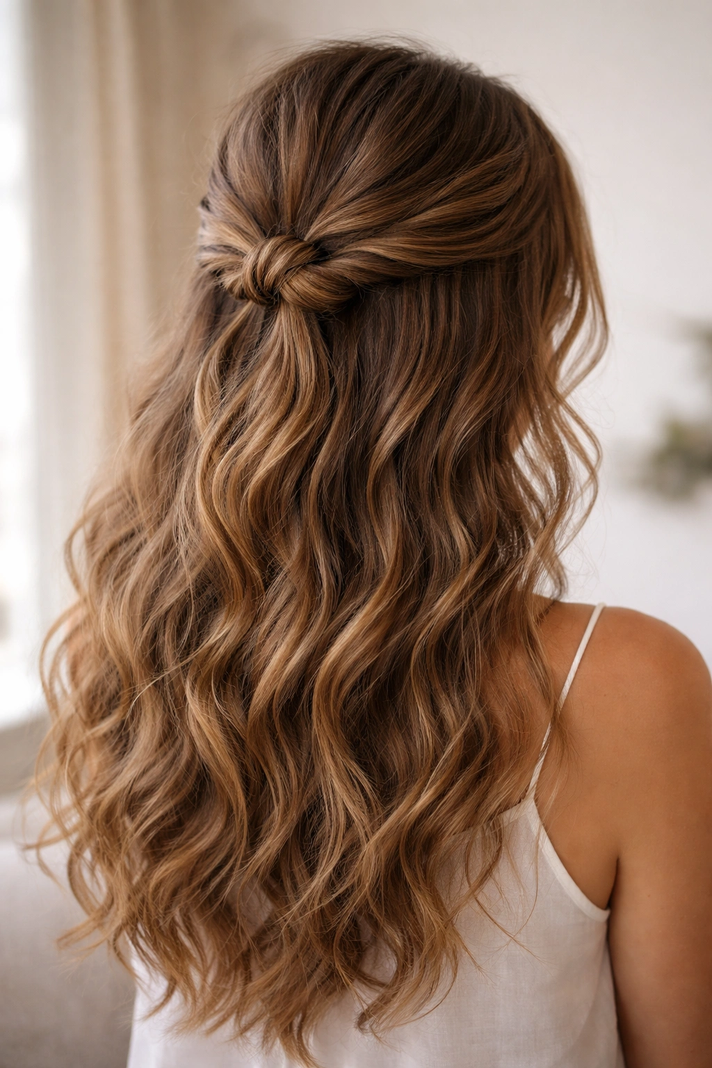 Top half-up twisted knot with waves cascading down
