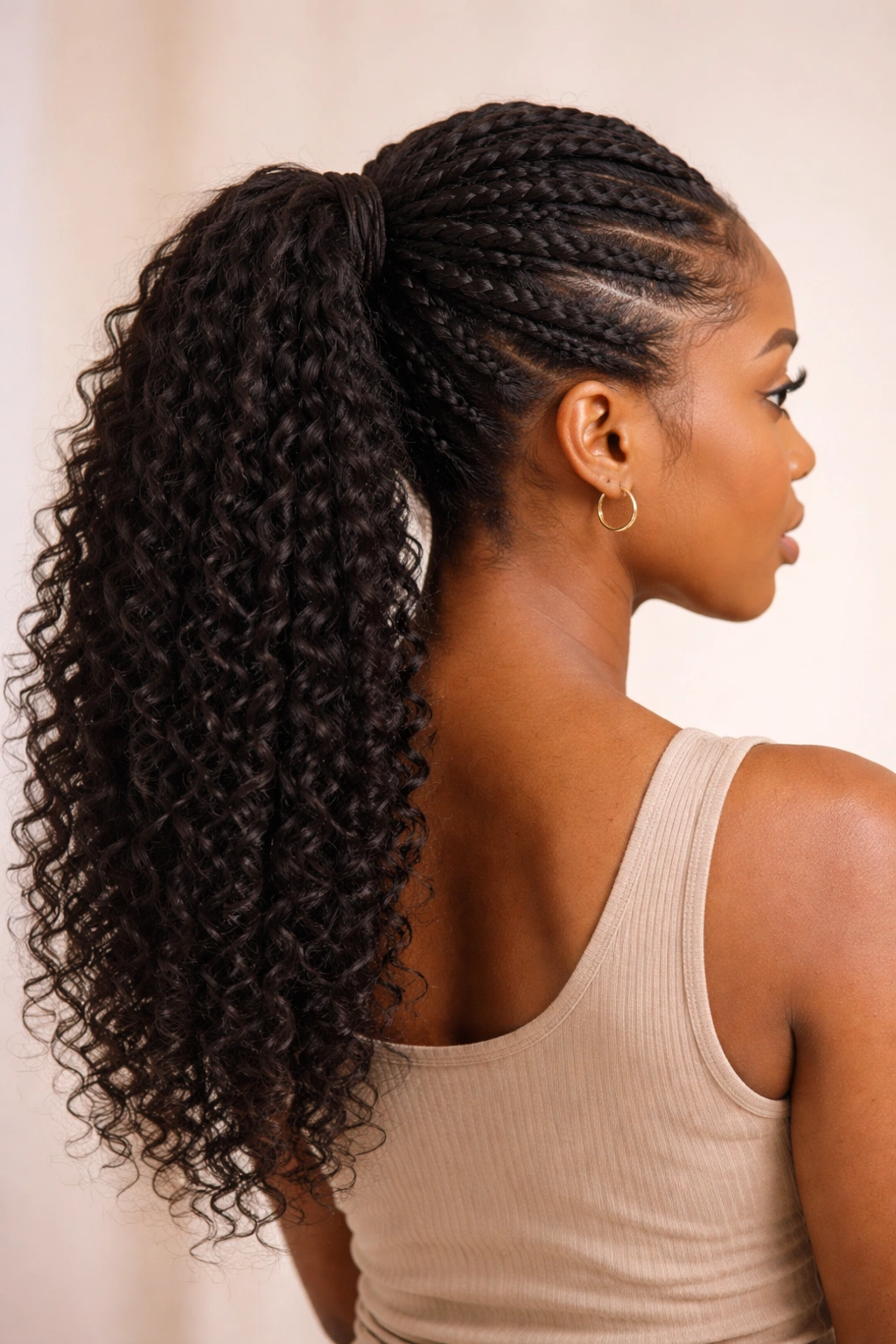 Half-up ponytail with twisted top and loose bottom hair.