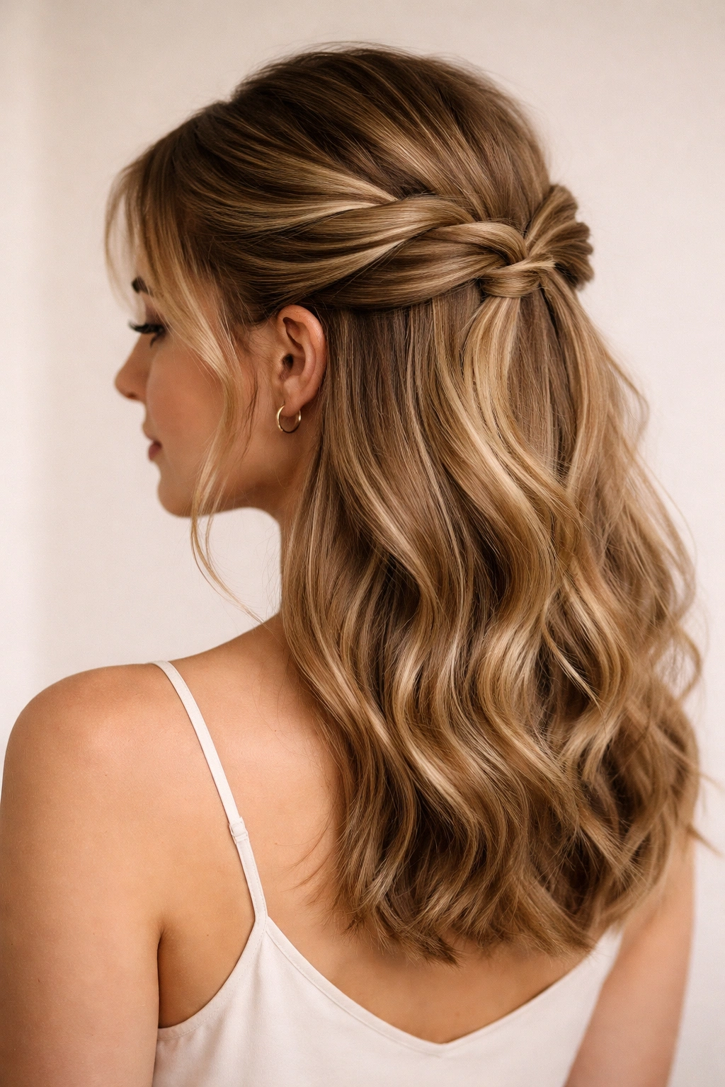 Close-up of a person with a crown-like half-up twisted hairstyle featuring crossed sides.