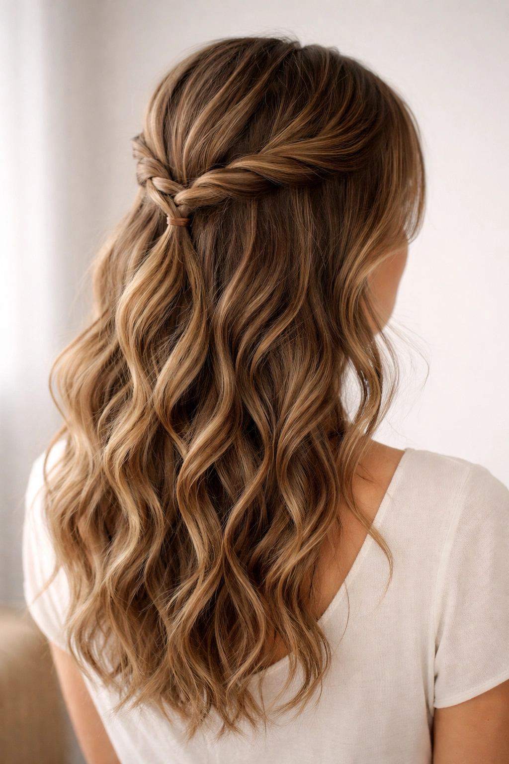 Back view of half-up twisted braid on wavy hair