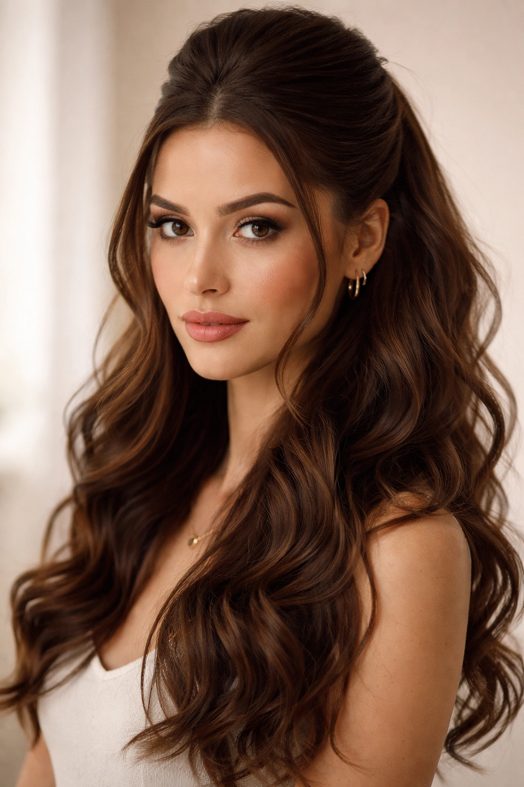 Close-up of half-up top with underneath waves in brown hair