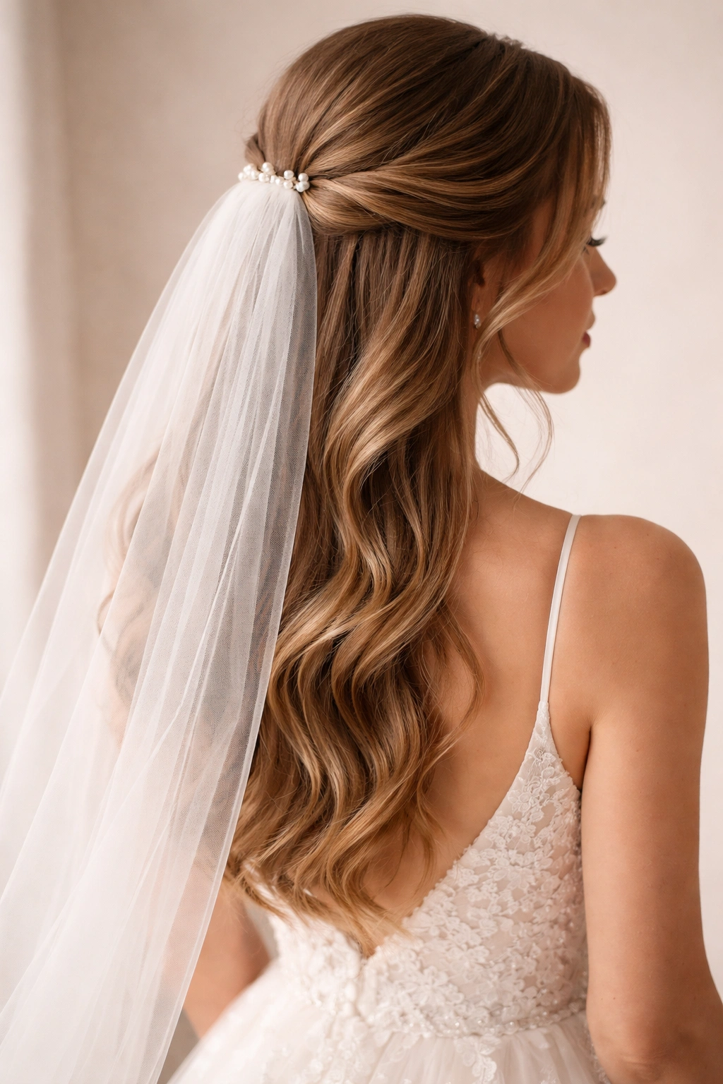Bridal half-up with delicate veil attached at the crown