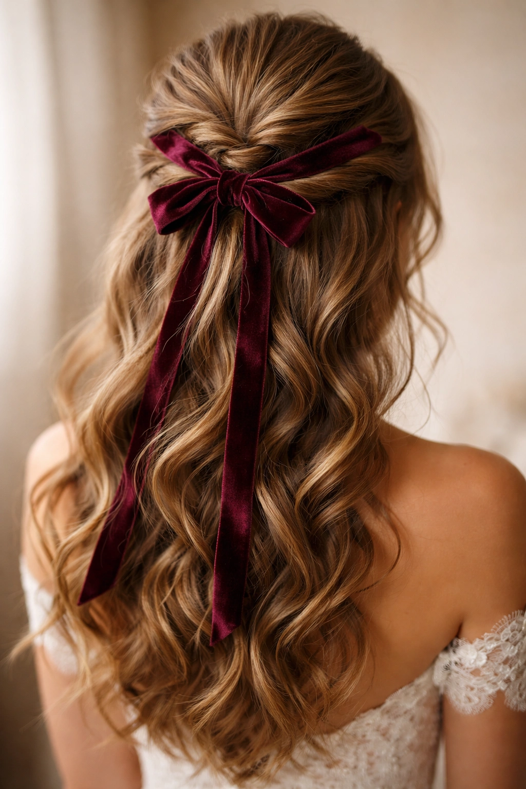 Textured half-up hairstyle with velvet ribbon woven through the top section