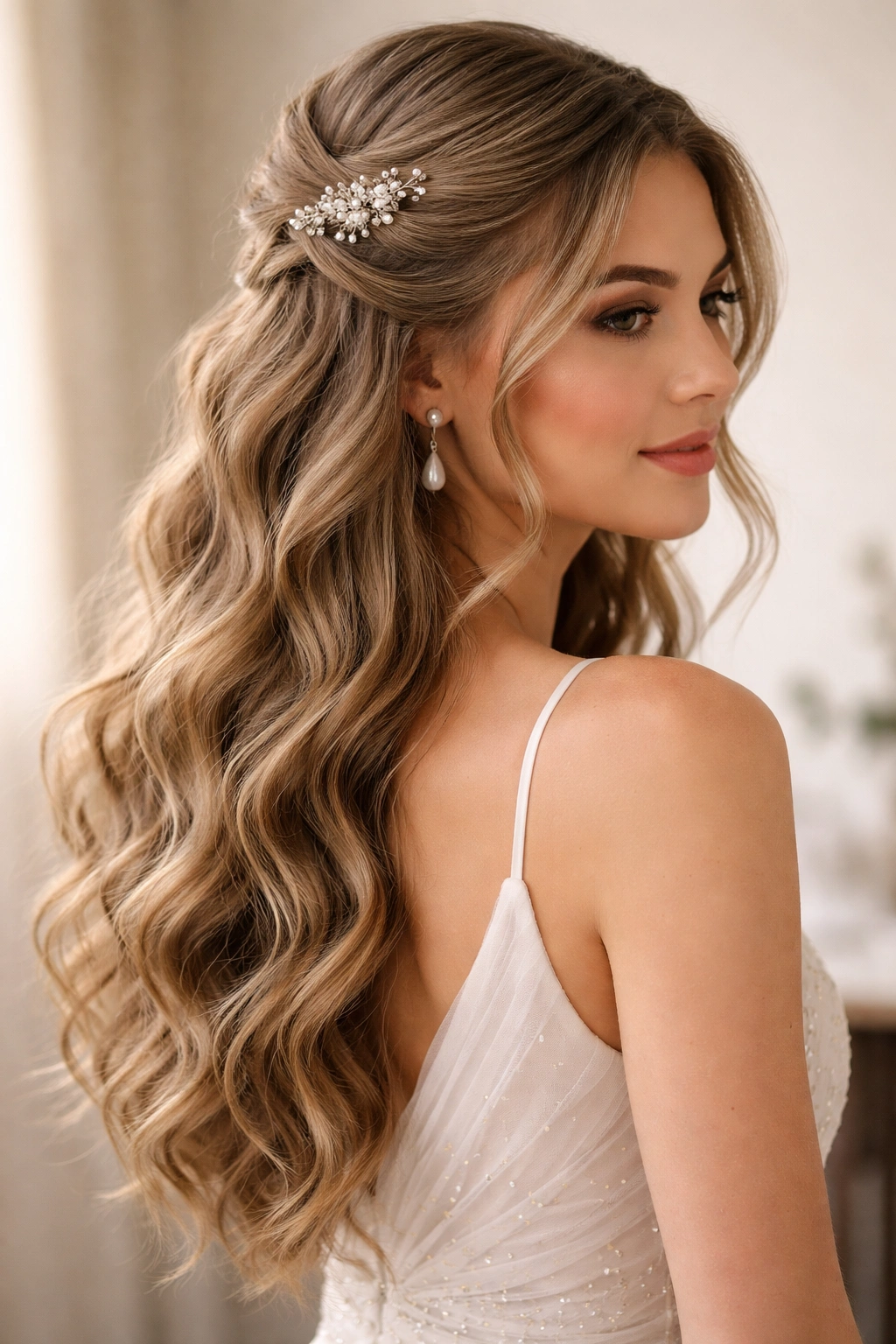 Half-up half-down wavy curls hairstyle with pins and a small decorative clip