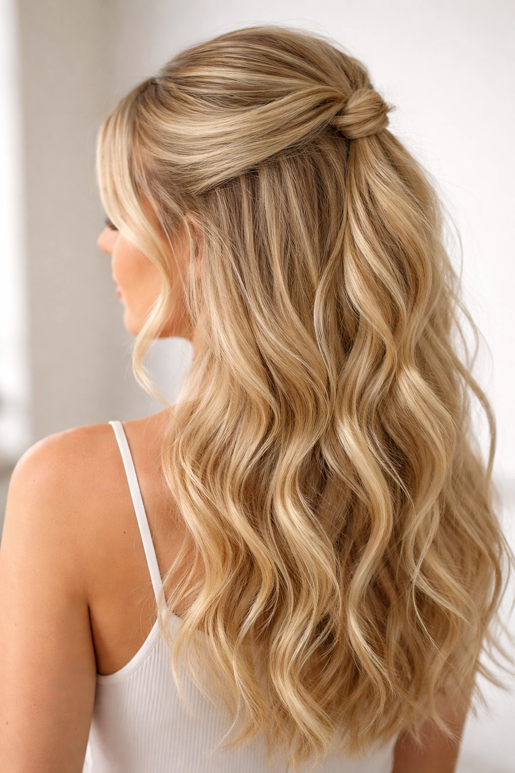 Close-up of half-up wavy blonde hairstyle with textured waves