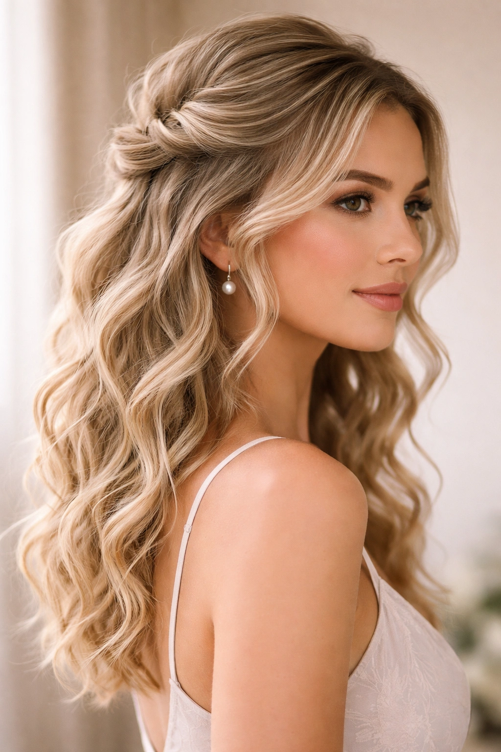 Half-up half-down wavy hairstyle with loose top knot and flowing waves