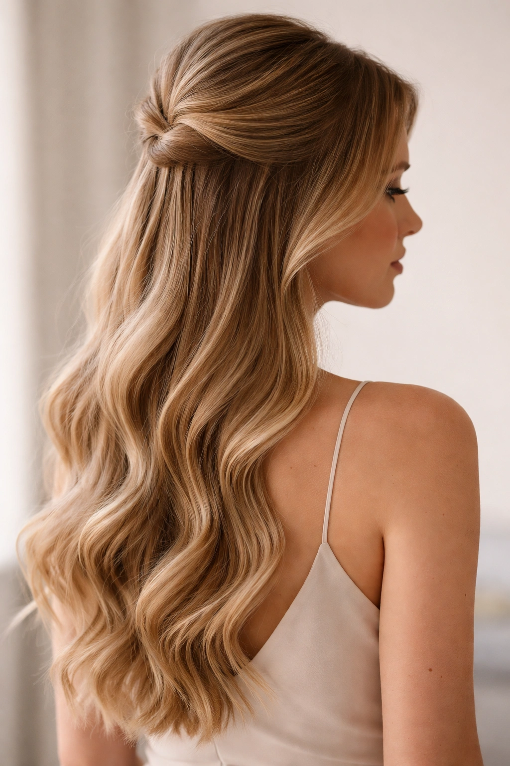 Close-up of classic half-up hairstyle with waves on straight hair
