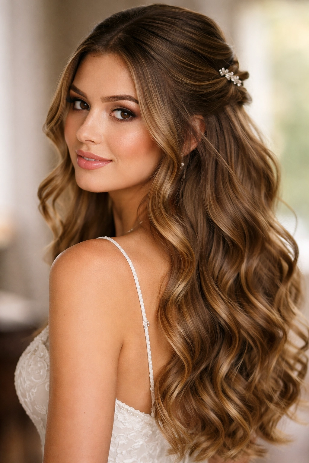 Half-up hairstyle with cascading waves framing the face