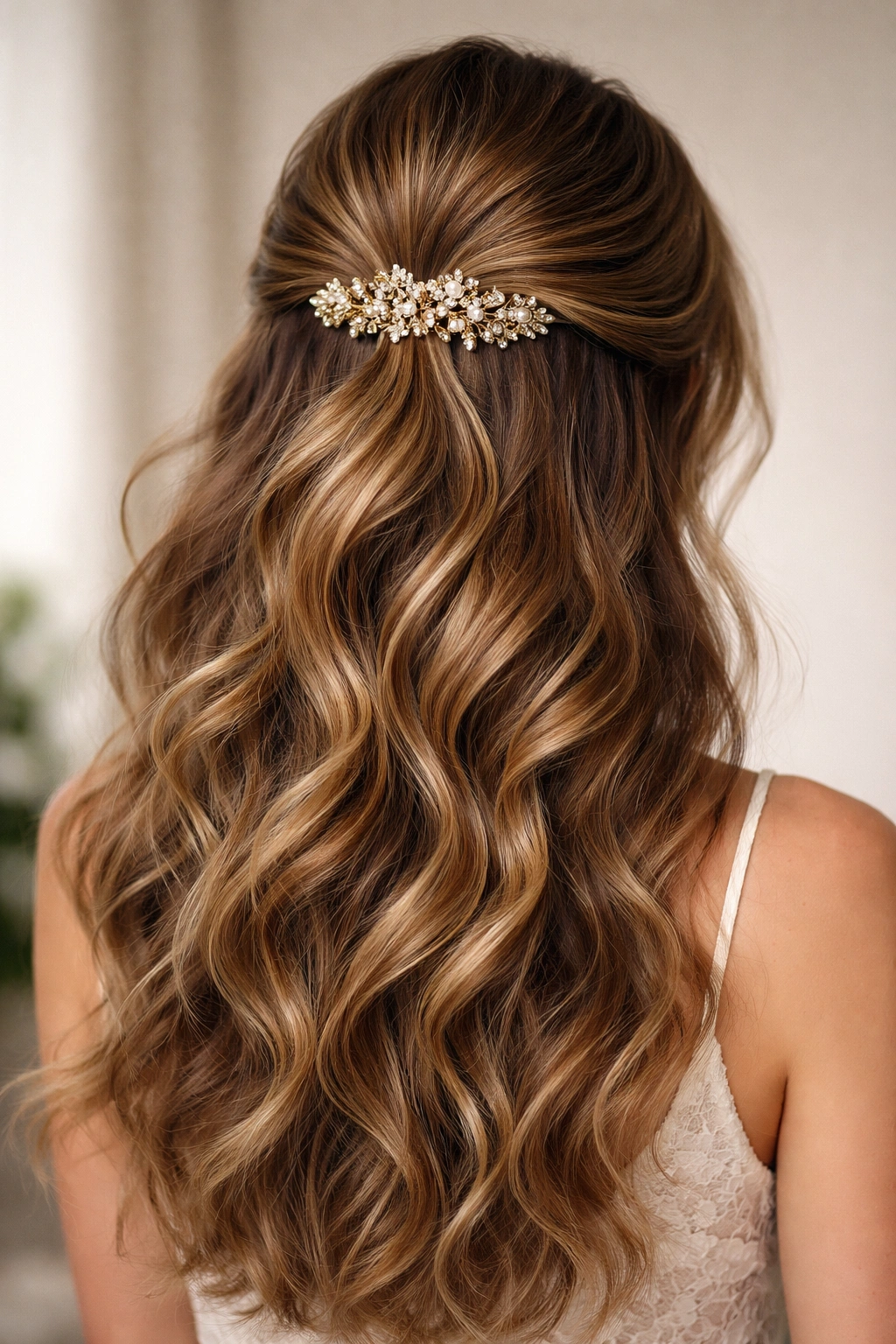 Close-up of thick textured hair in a half-up style with a decorative comb at the crown