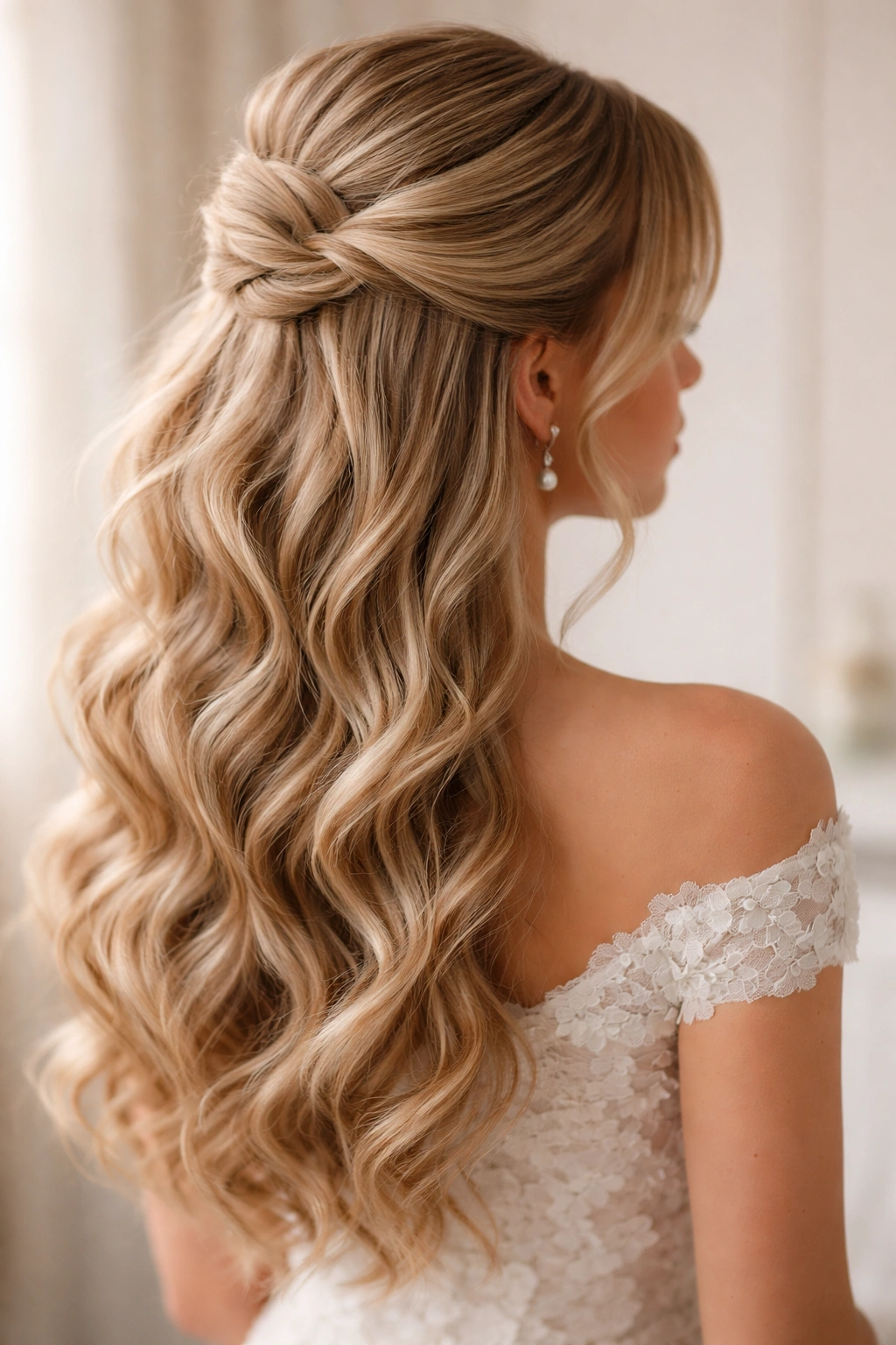 Close-up of half-up hairstyle with cascading waves and crown volume