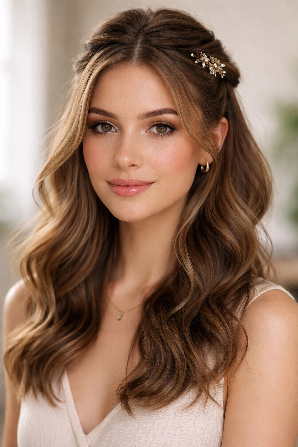 Half-up waves with delicate braided detail on an oval face