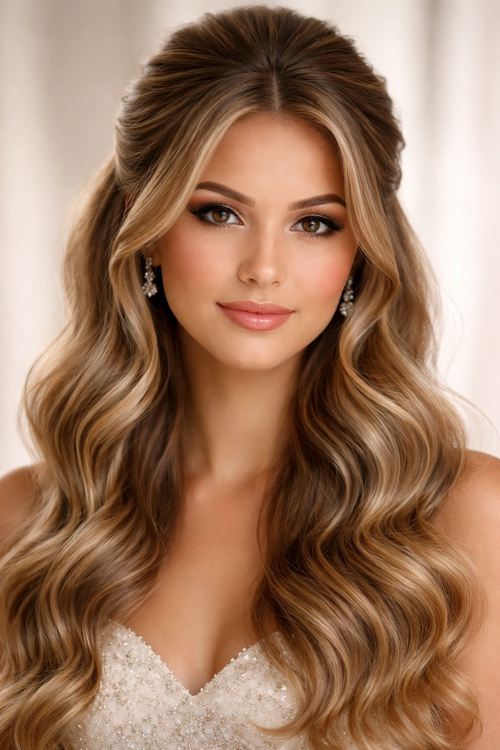 Close-up portrait of a person with a half-up crown and cascading waves suitable for prom