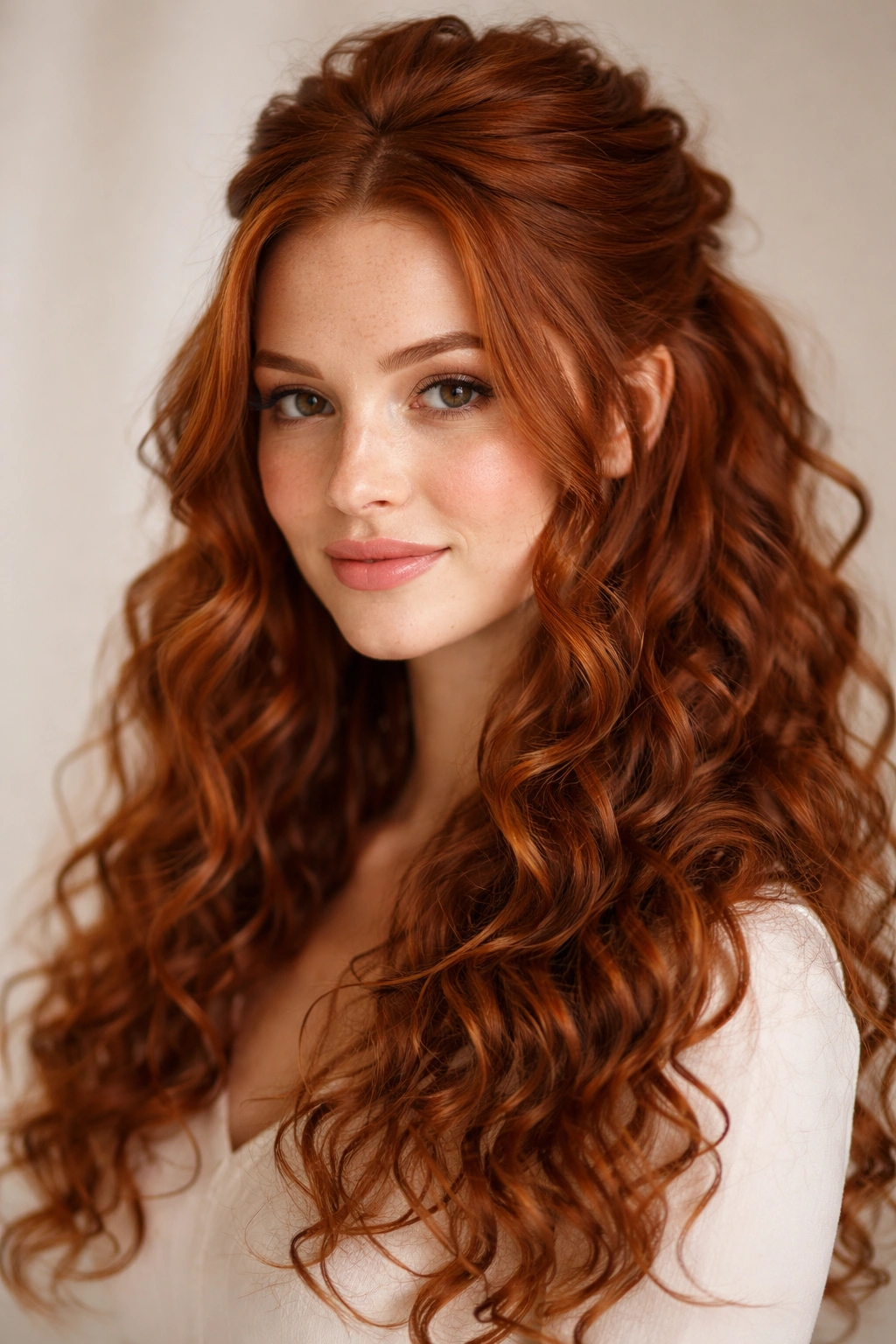 Close-up of half-up hairstyle with delicate face-framing waves on curly red hair