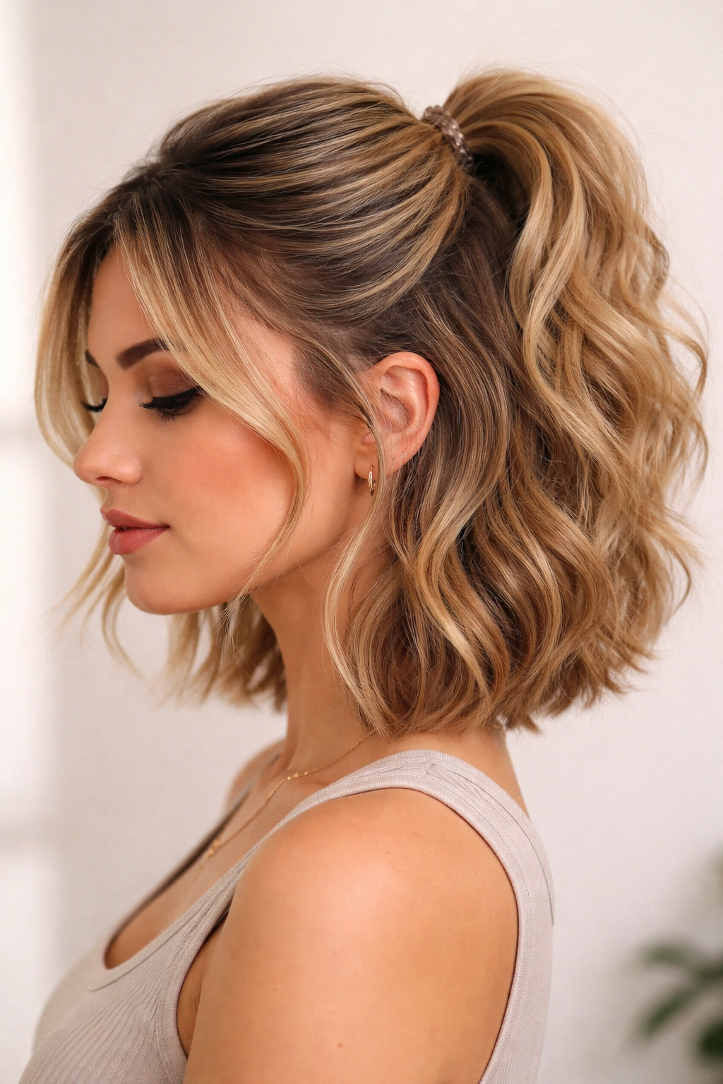 Close-up of a short hairstyle featuring a classic half-pony with textured waves