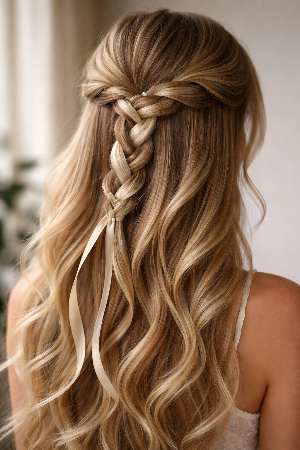 Half-up hairstyle with a ribbon woven through the strands