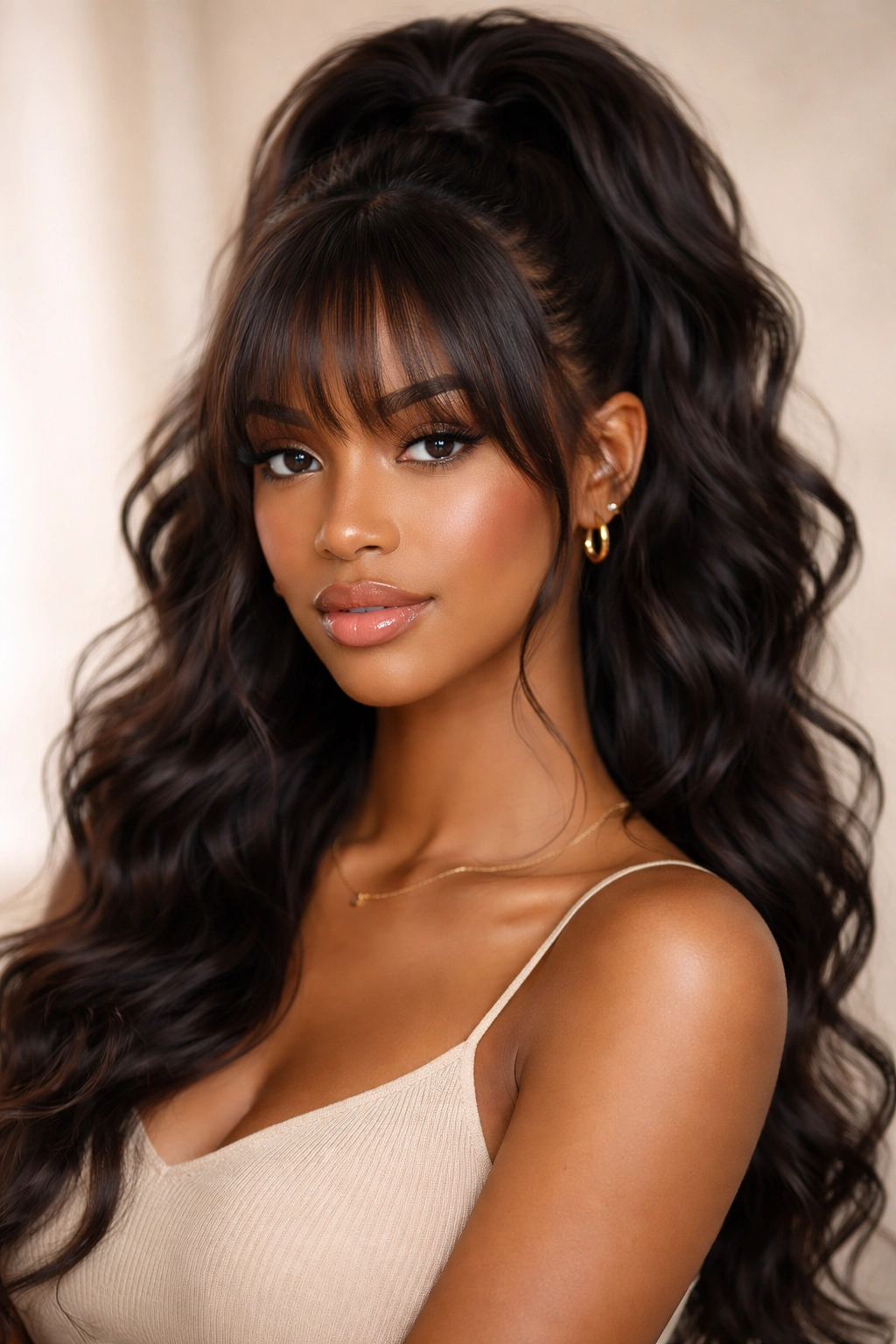 Close-up of half-up half-down weave with bangs framing the face