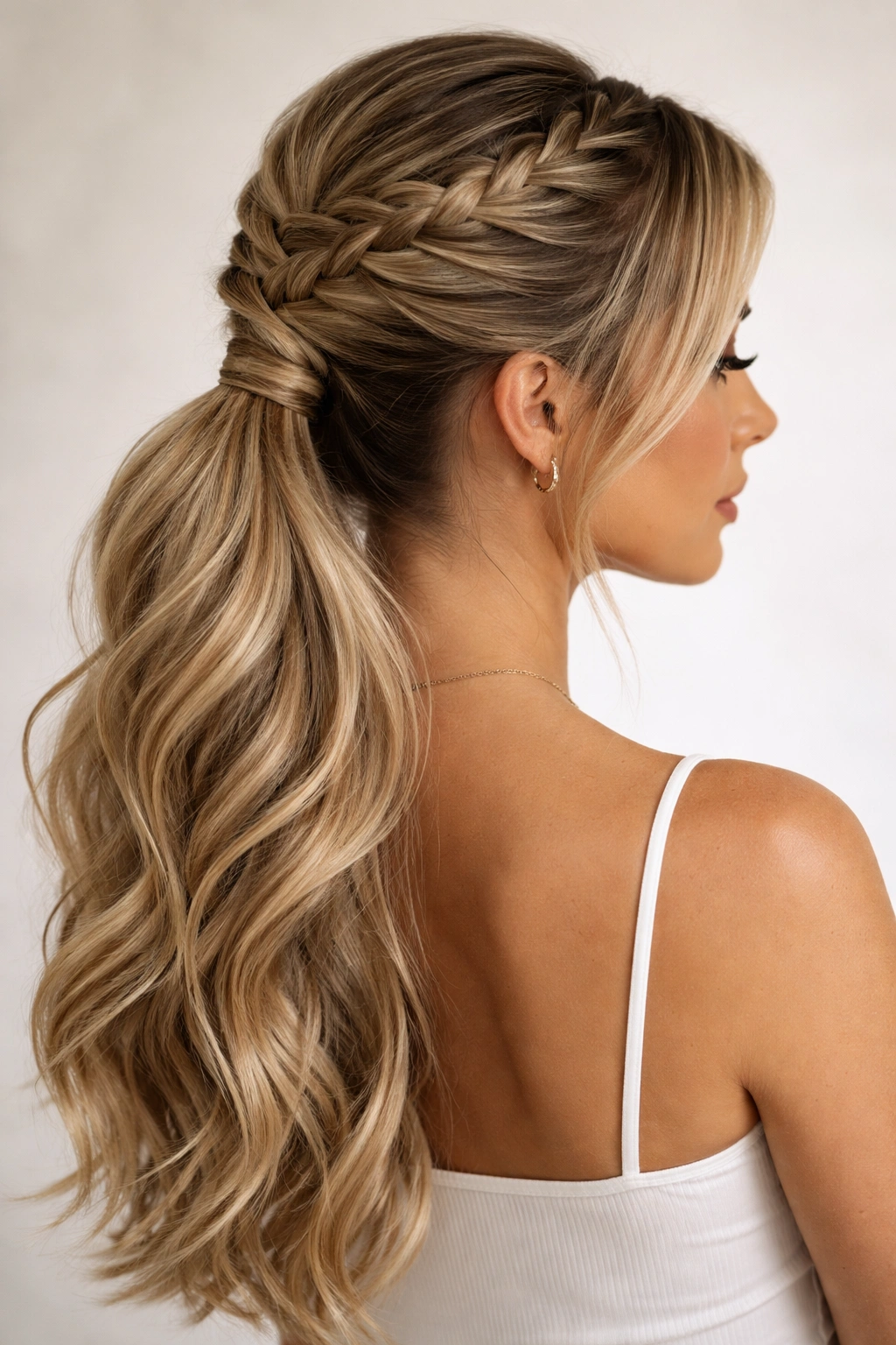 Top woven half meeting loose hair into a low ponytail