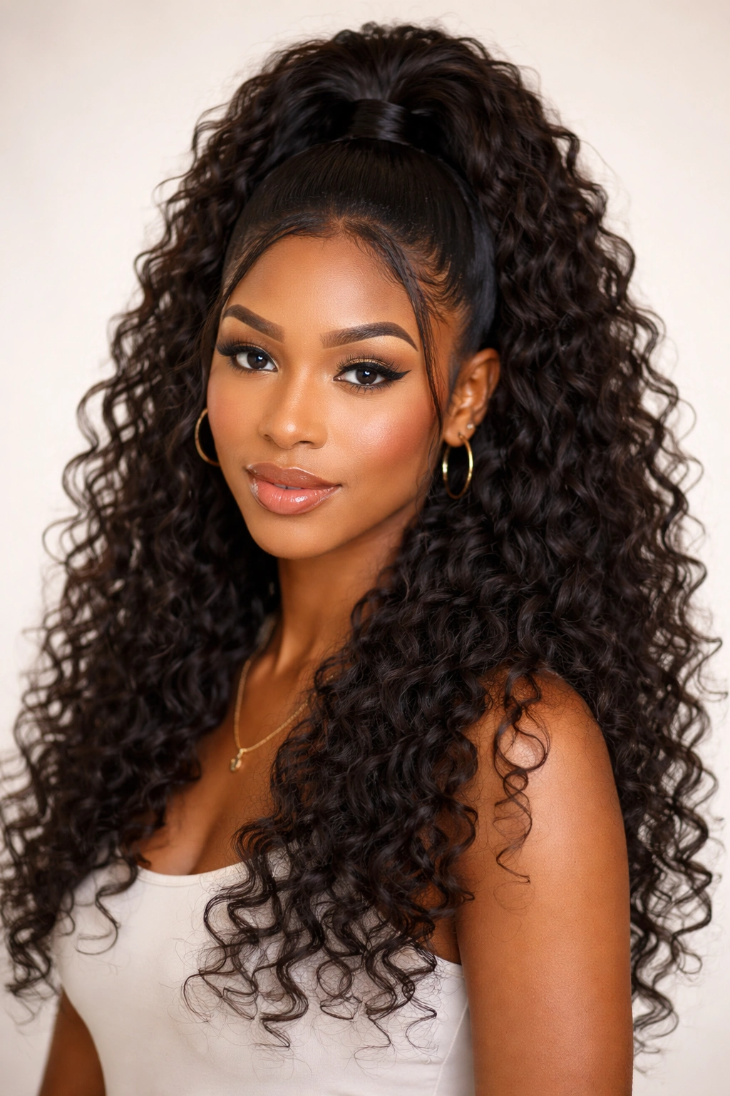 Half-up weave ponytail showing top secured crown and flowing lower curls.