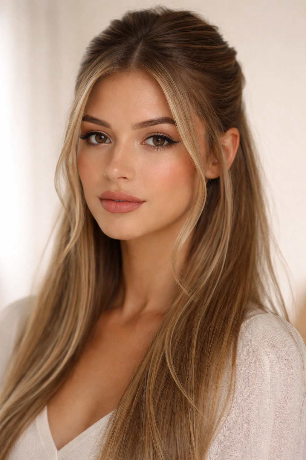 Close-up of straight hair in a half-up style with delicate wispy face-framing pieces