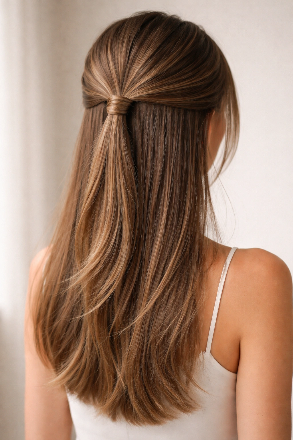 Half-up hairstyle with wrapped elastic and textured ends on straight hair