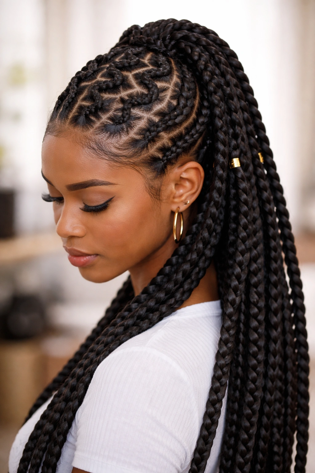 Half-up zigzag cornrows transitioning into box braids at mid-head