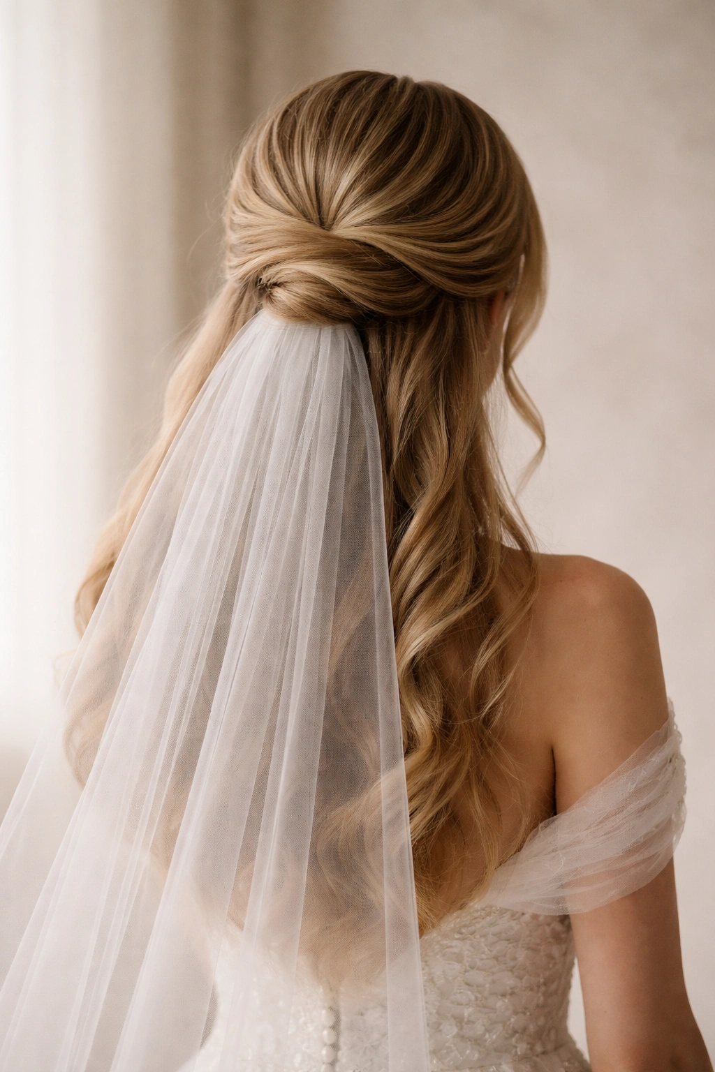Twisted half-up chignon with a chapel veil at the nape