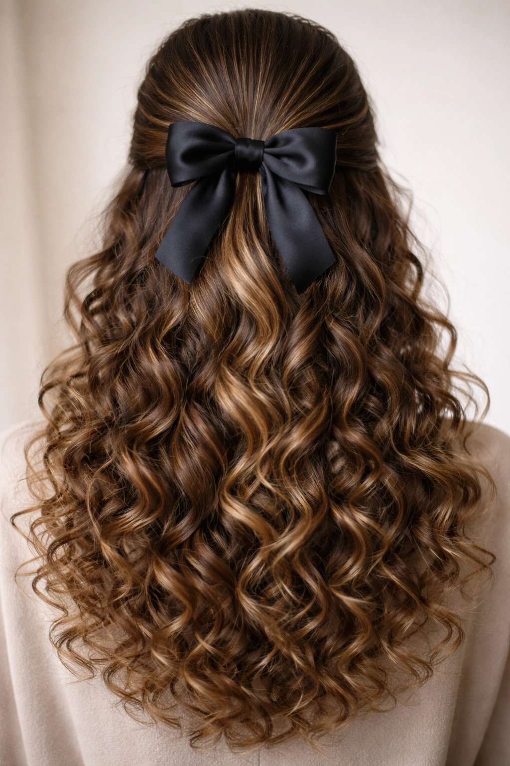 Close-up of a sleek half-up bow on curly hair with shiny top and cascading curls