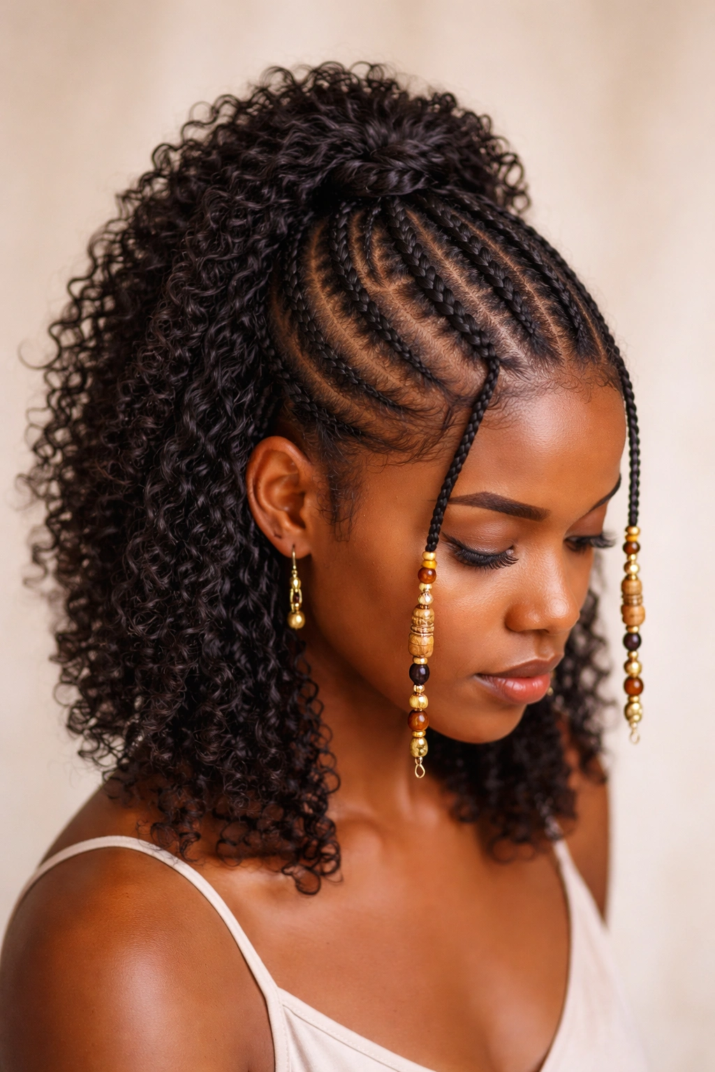 Half-Up Fulani style with front cornrows and loose back hair on short hair.