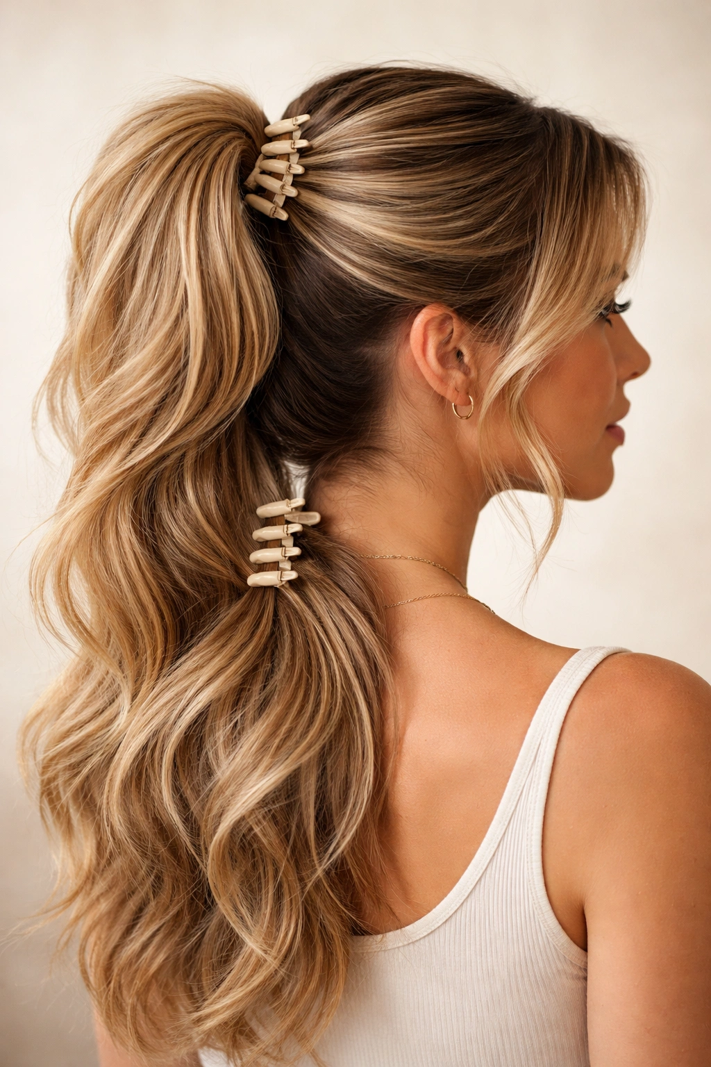 Close-up of a textured half up high pony with crown clip and lower pony