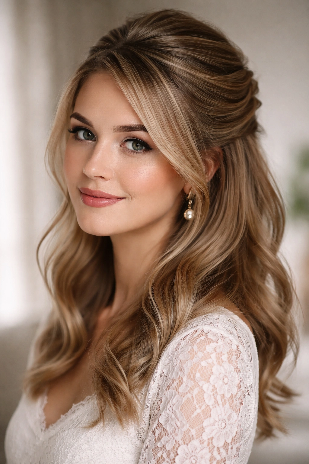 Close-up of soft side-swept half up hairstyle with a loose twist and flowing waves.