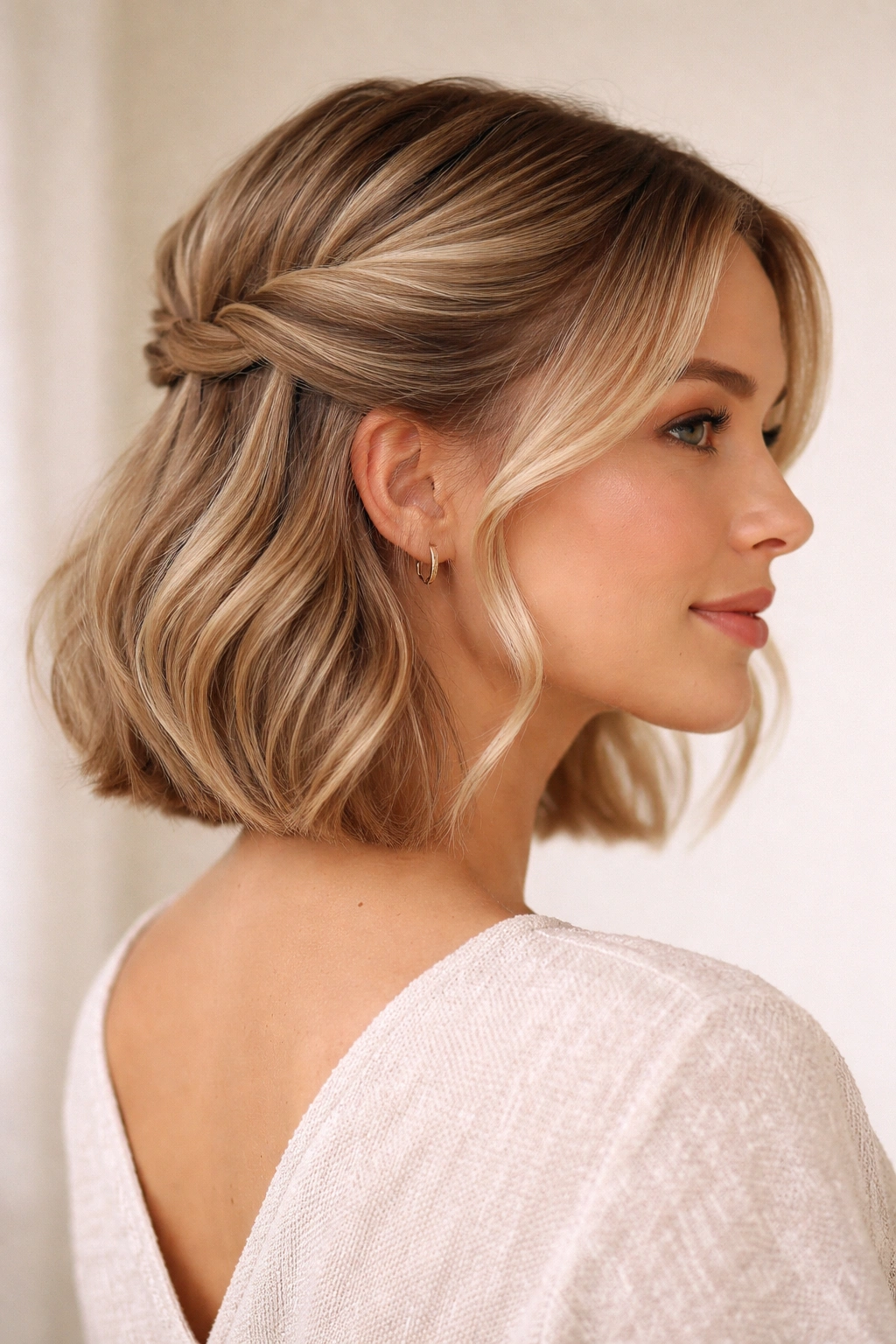 Close-up of short hairstyle with two temple twists pinned at the back