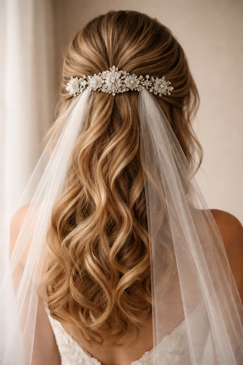Back view of a bridal half-up hairstyle with a central decorative comb and veil