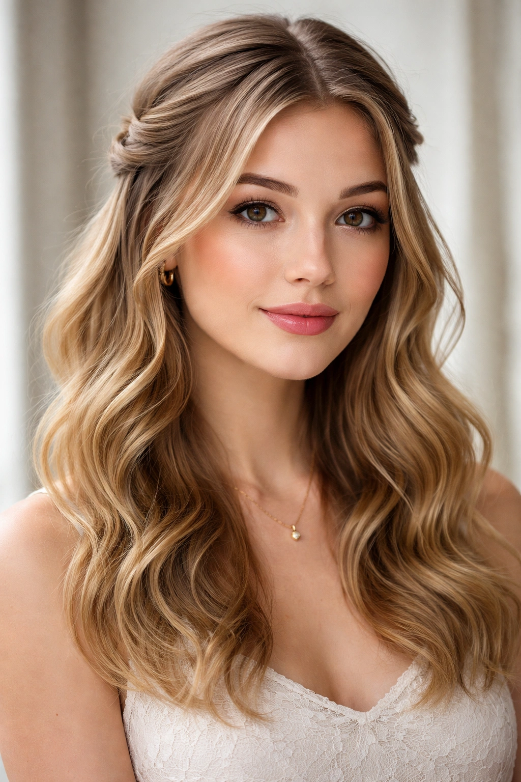 Romantic half up hairstyle with soft waves and two temple twists.