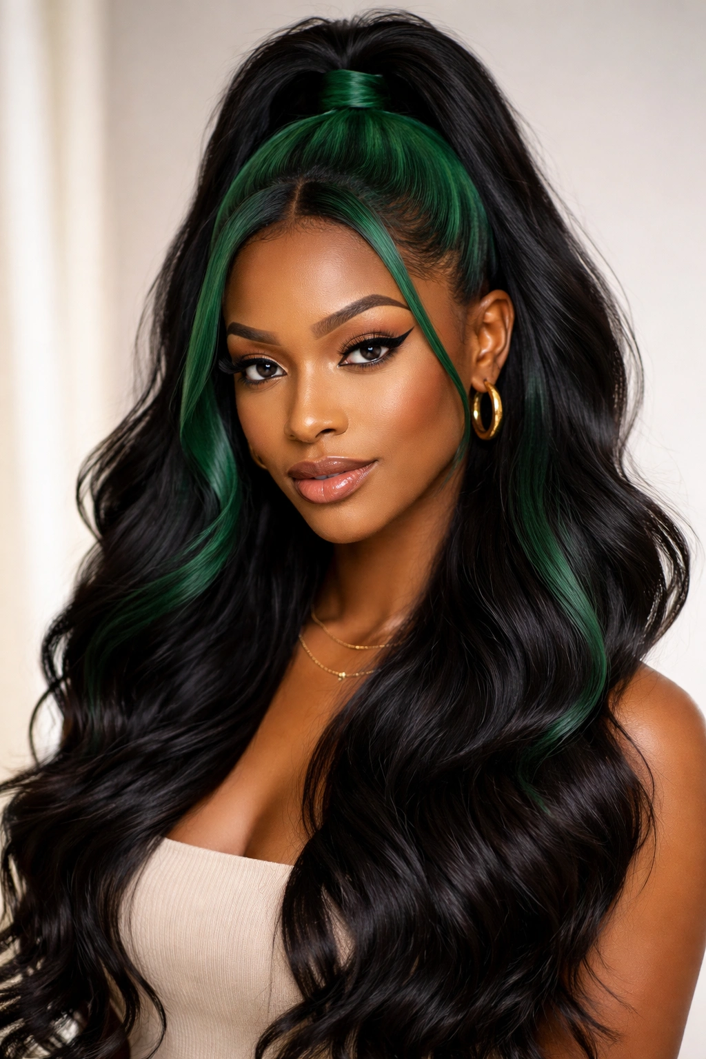 Close-up of half up half down hairstyle with emerald upper color contrasting lower hair