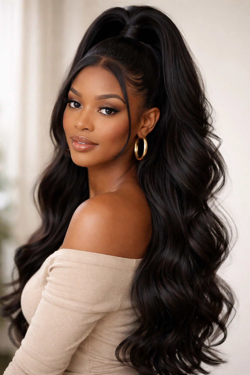 Portrait of a model with long hair in a half up half down hairstyle, studio lighting, no text