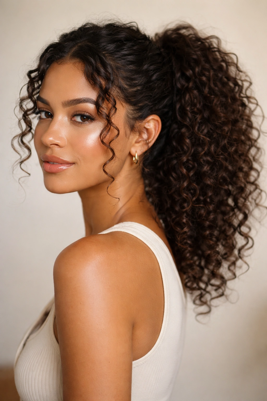 Close-up of a curly hairstyle with a halfway pony and face-framing curls