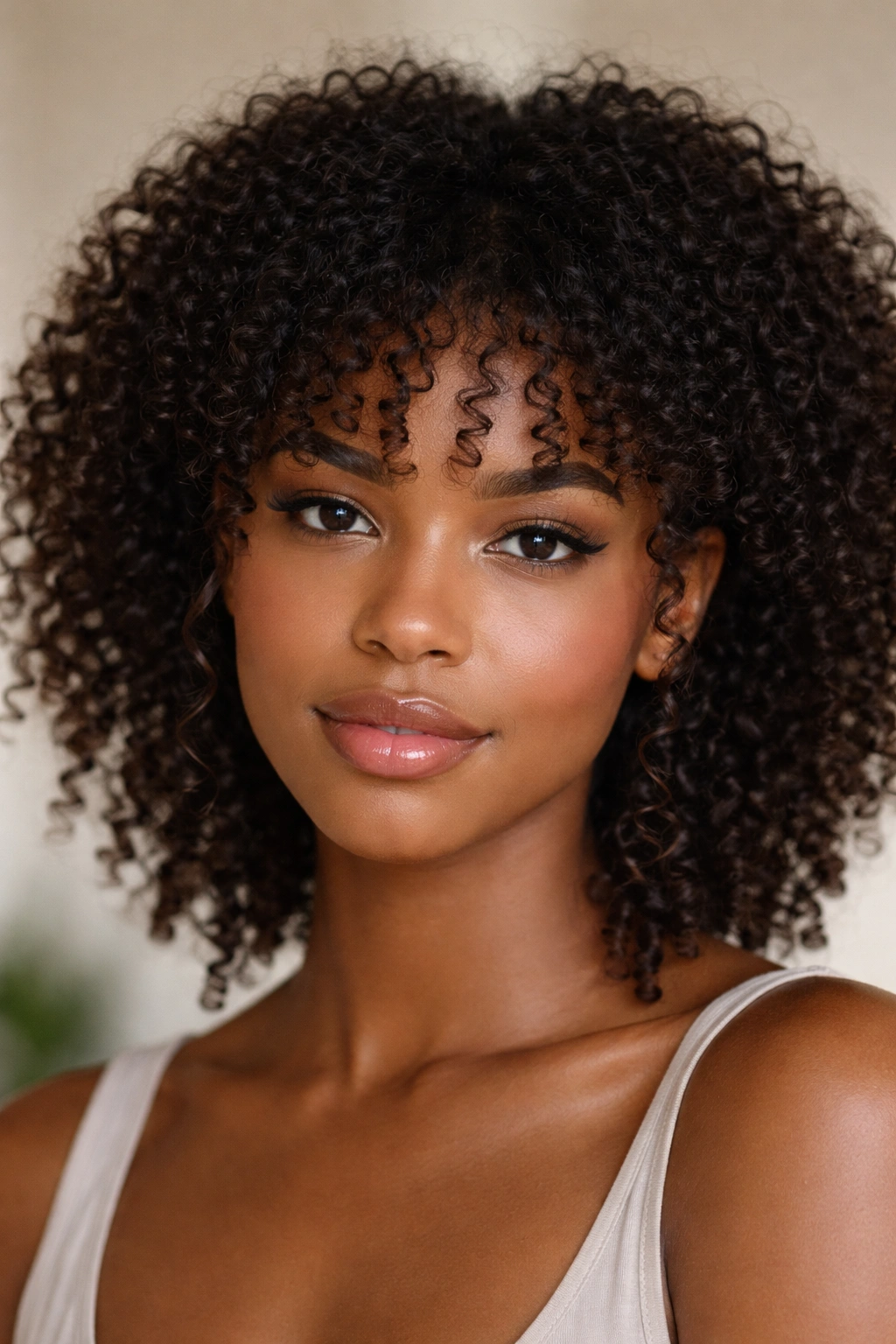 Close-up of a person with halo-effect bangs framing the face on coily hair