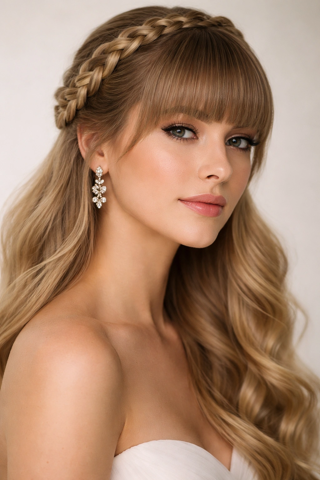 Halo braid with blunt bangs on a model's head