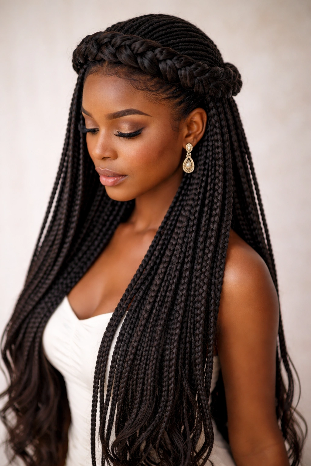 Halo braid wrapped around the crown with cascading long hair